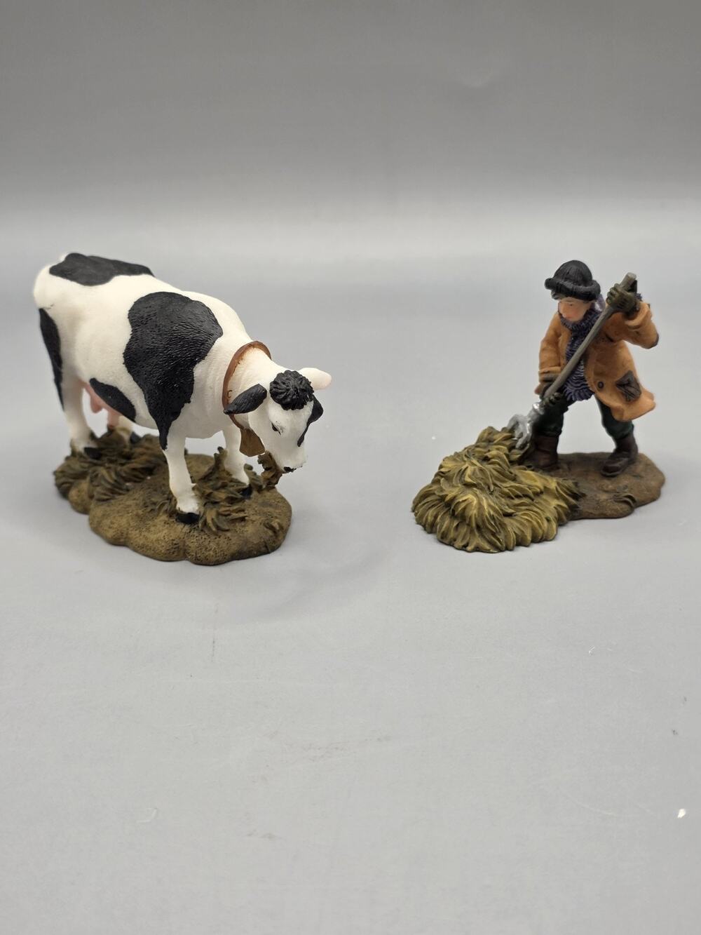 O'Well Christmas Village Figurine Lot Milk Cow & Farmer Pitching Hay Holiday...